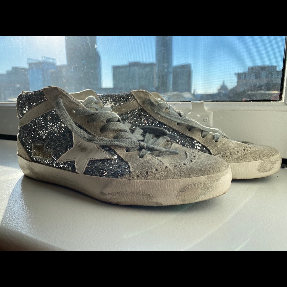 Golden Goose Mid Star Sneakers in Silver Glitter